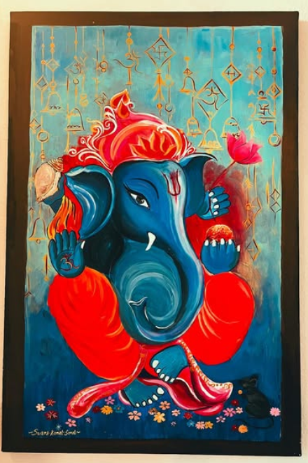 Vibrant hand-painted Ganesha panel with gold line detail