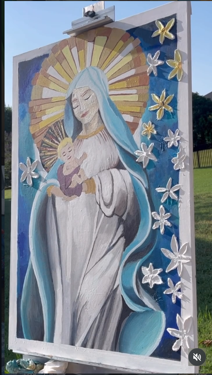 Madonna and child panel with sculpted floral relief