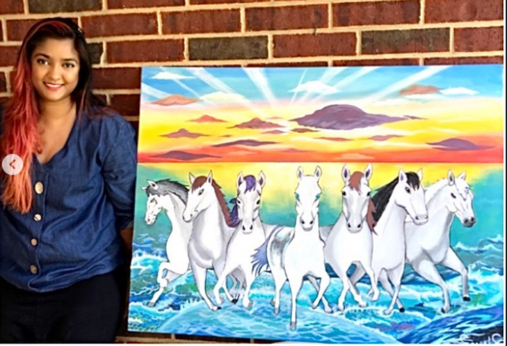Seven running horses painted across a wide canvas