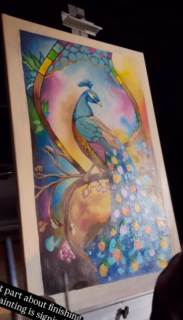 Hand-painted peacock with stained-glass arch and textured tail feathers