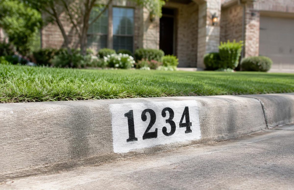Concept example of crisp hand-painted curb address numbers at a DFW home