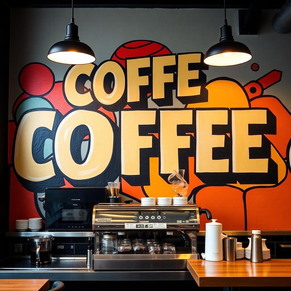 Hand-lettered coffee mural behind an espresso bar