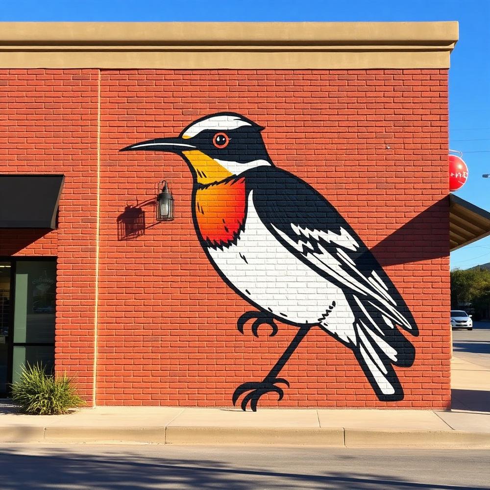 Graphic mockingbird mural on an exterior brick wall