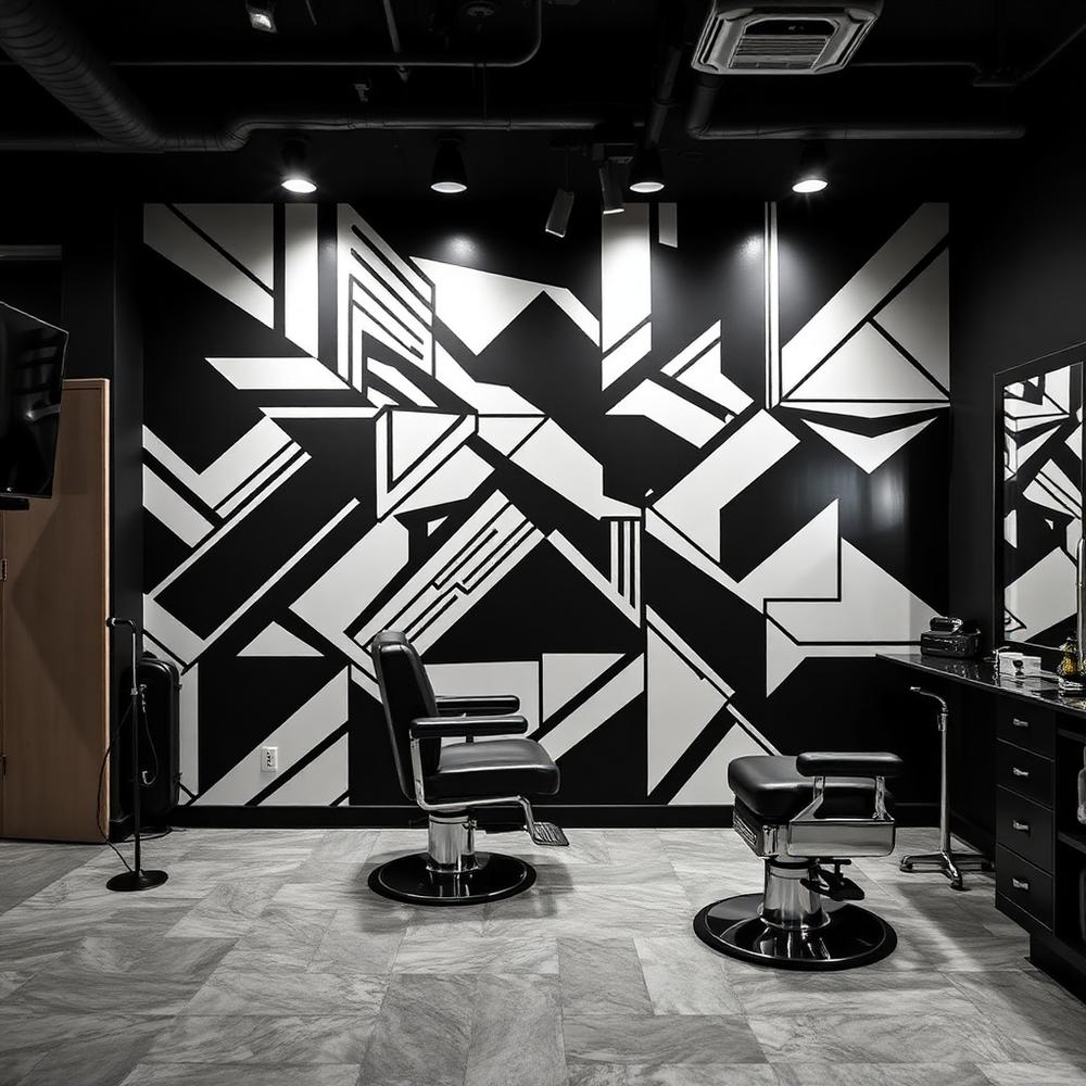 Black and white geometric mural in a barber shop