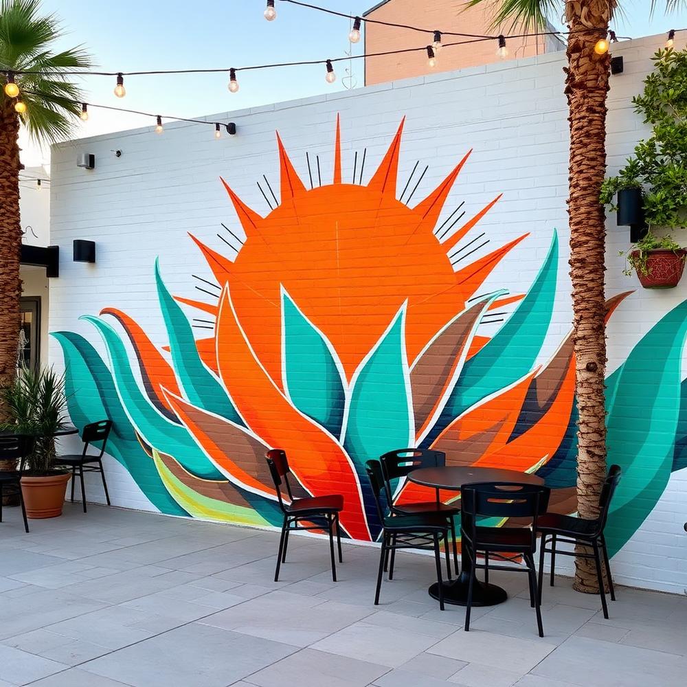 Agave and sunburst mural on a restaurant patio