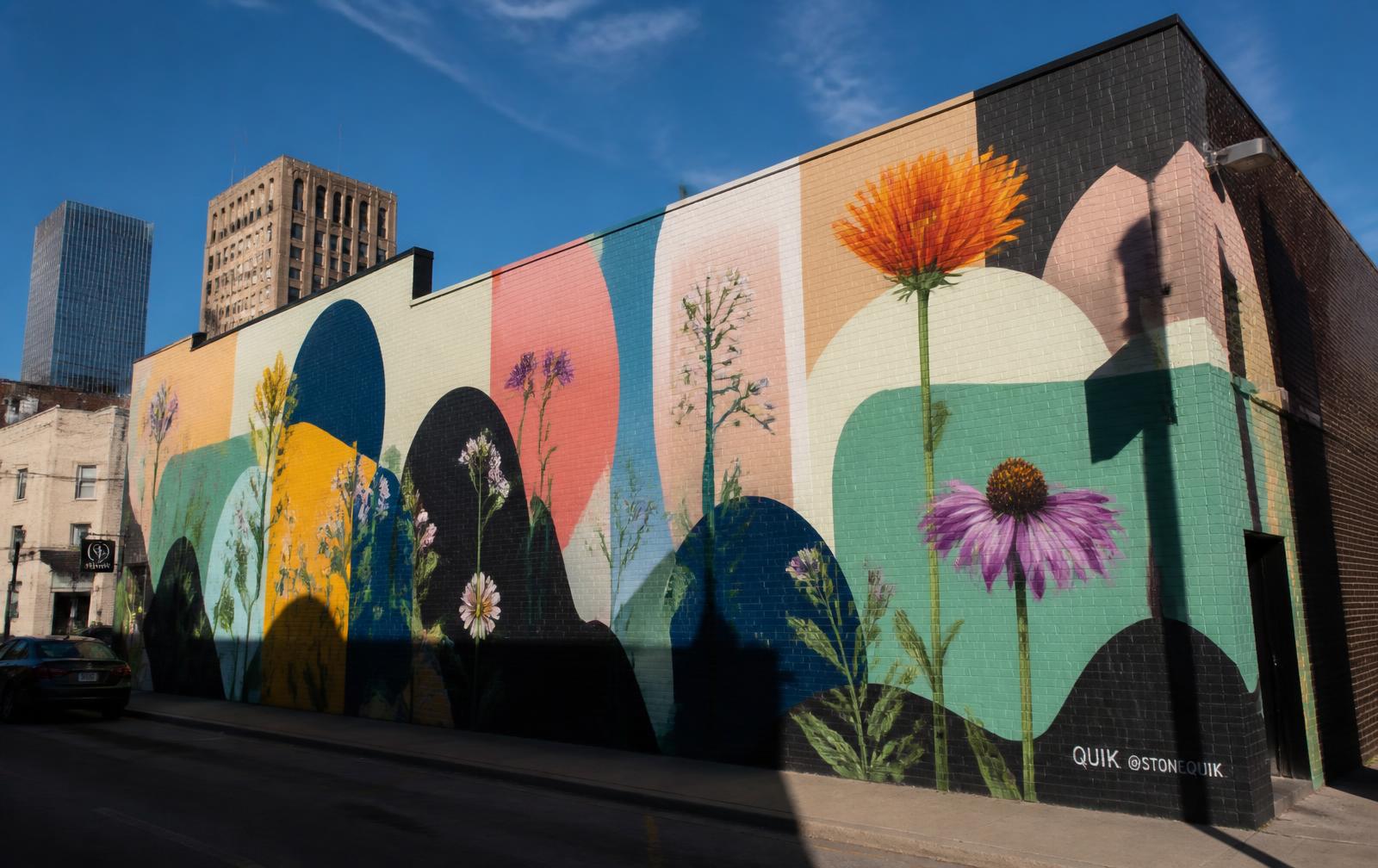 Wildflower mural on a brick building in downtown Fort Worth