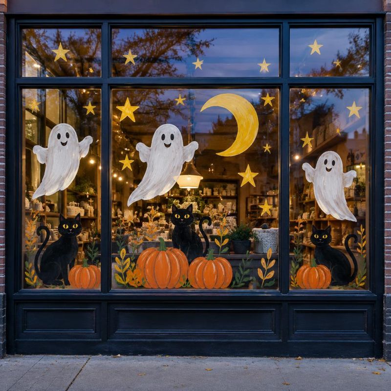 Family-friendly Halloween window painting concept for a DFW shop
