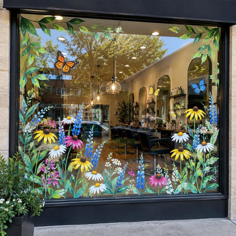 Spring wildflower window painting concept for a DFW salon