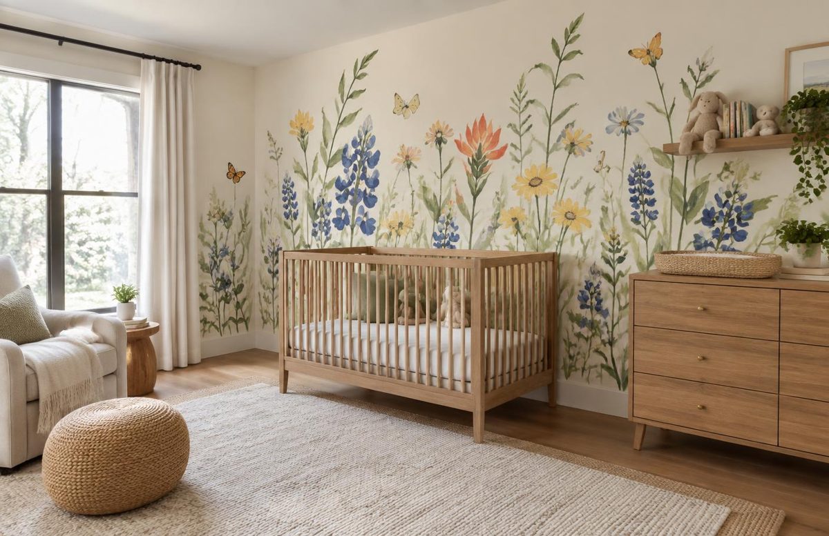 Concept example of a hand-painted Texas wildflower nursery mural in a bright DFW home