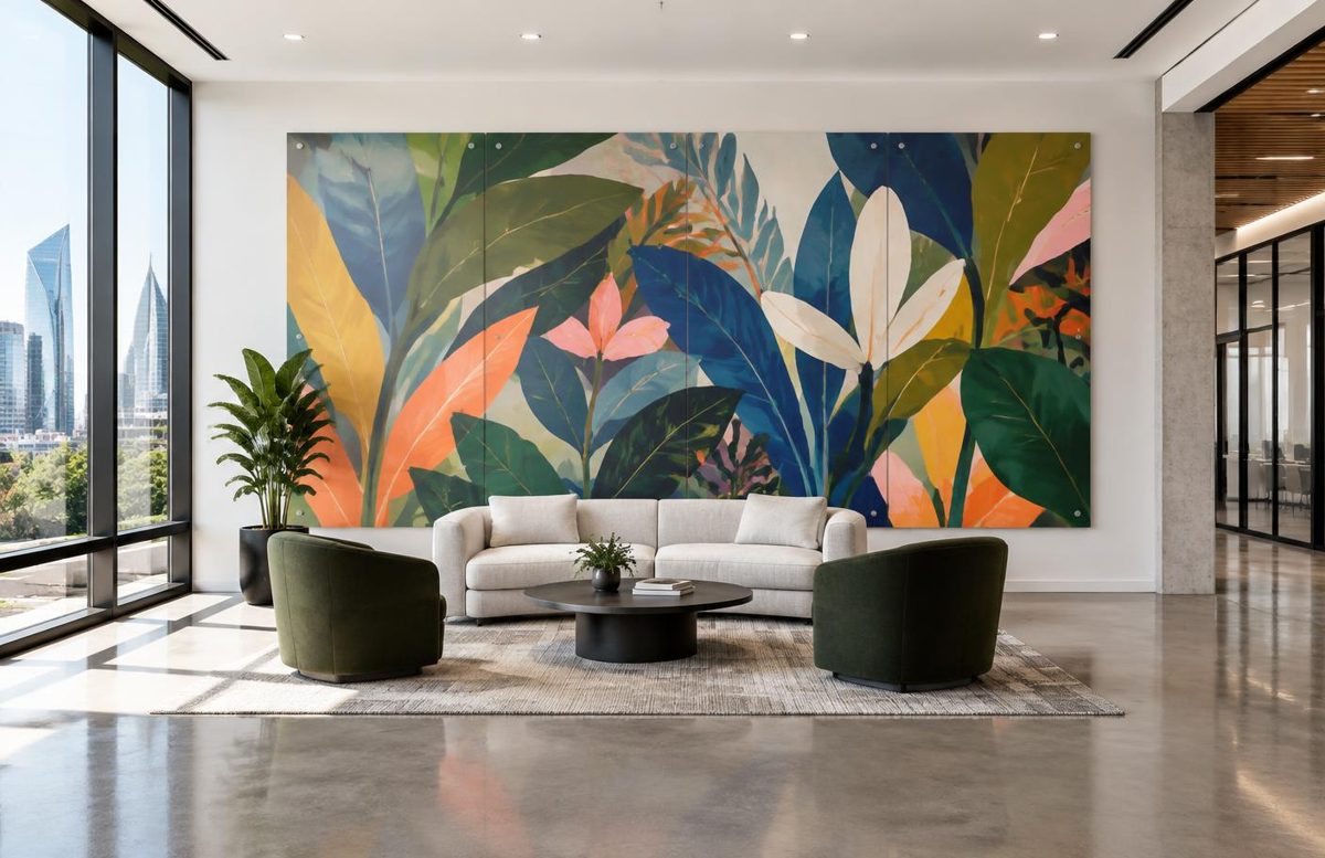 Concept example of a removable botanical mural painted across mounted aluminum panels in a modern office