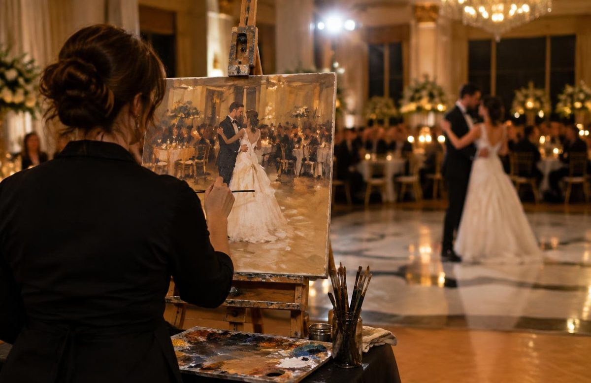 Concept example of an artist creating a live painting during a Dallas-Fort Worth wedding reception